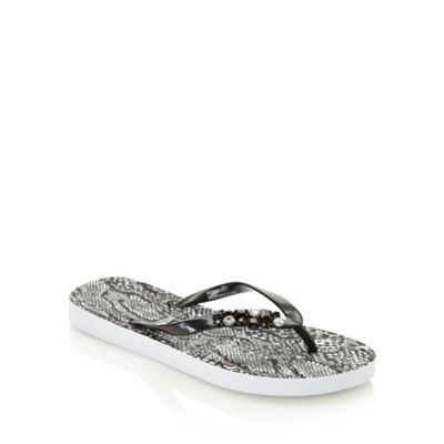 Black Bejewelled Snakeskin Print Flip Flops                                                                                     