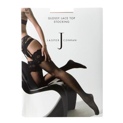 Natural sheer glossy lace top stockings