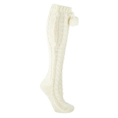 Cream knitted knee high slipper socks                                                                                           