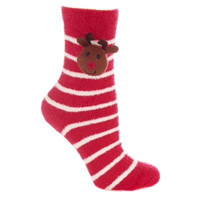 Red striped fleece reindeer socks
