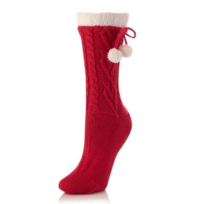 Red cable heart knitted slipper socks
