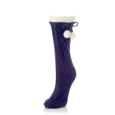 Navy cable heart knitted slipper socks