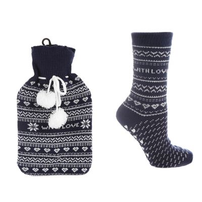 Navy fairisle knitted hot water bottle and socks set