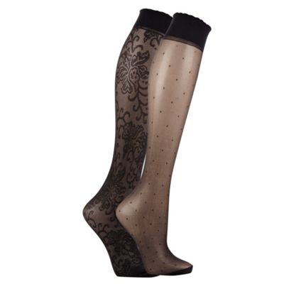 Pack of two of black lace and spotted fashion knee highs