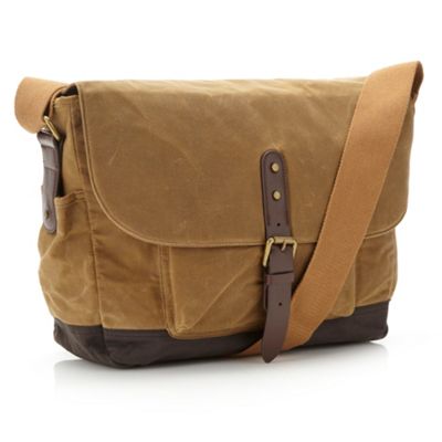 Designer tan coated canvas messenger bag                                                                                        