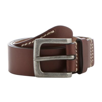 Designer brown stitched leather square buckle belt