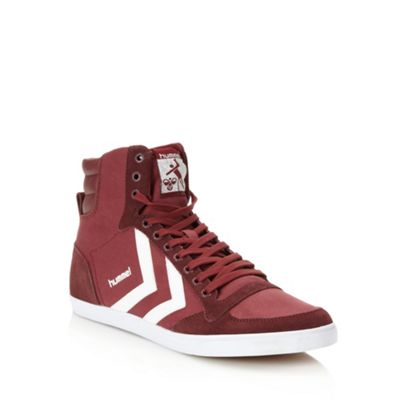 Dark red leather panelled high top trainers                                                                                     