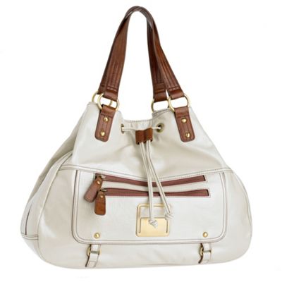 Cream patent drawstring tote bag