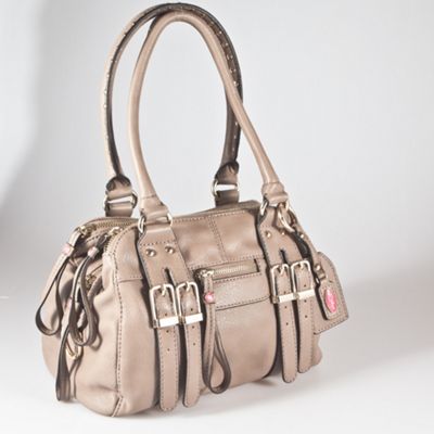 Light grey double buckle hand held bag