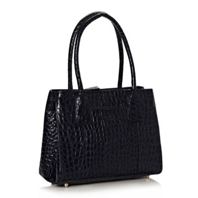 Navy Small Leather Mock Croc Tote Bag