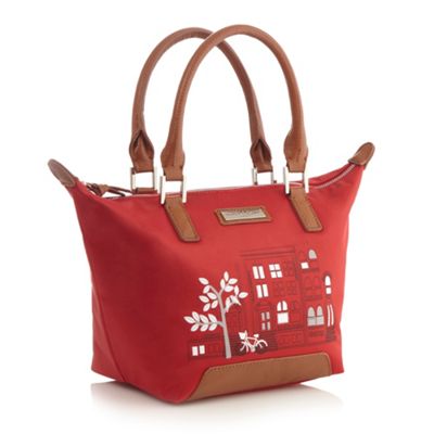 Red Leather Pictured Nylon Small Tote Bag
