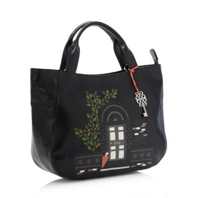 Black Leather Large Appliqued Picture Handbag                                                                                   