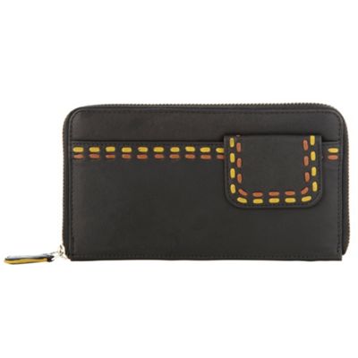 Black Stab Stitched Zip Around Purse                                                                                            