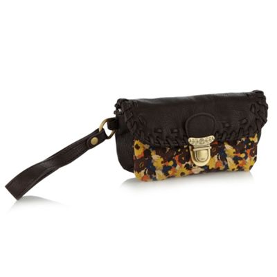Chocolate Brown Floral Panelled Clutch Bag                                                                                      