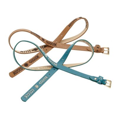 Pack Of Two Stab Stitched Faux Leather Skinny Belts                                                                             