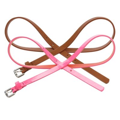Set Of Two Tan And Fluorescent Pink Skinny Belts                                                                                