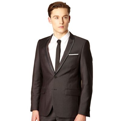 Black pinstriped tailored suit jacket                                                                                           