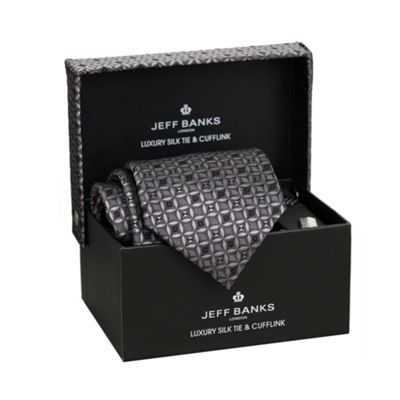 Grey geometric pattern silk tie and cufflinks