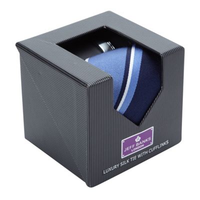 Designer blue striped silk tie and cufflinks set                                                                                