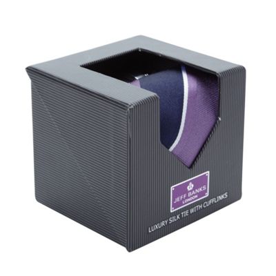 Designer purple striped silk tie and cufflinks set                                                                              