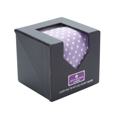 Designer lilac polka dotted silk tie and pocket square                                                                          
