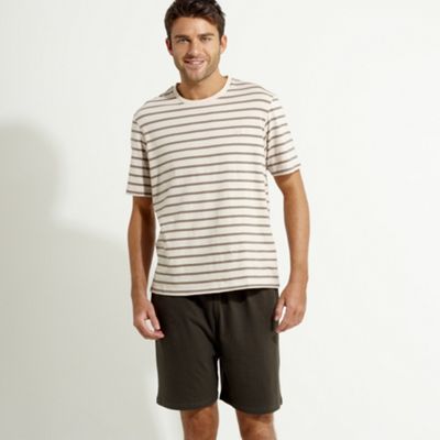 Taupe stripe t-shirt and khaki jersey shorts