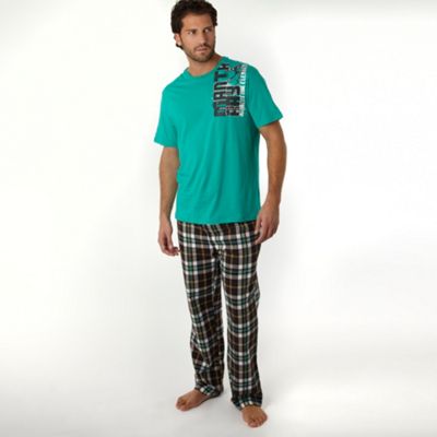 Green graphic t-shirt and brush check trousers set