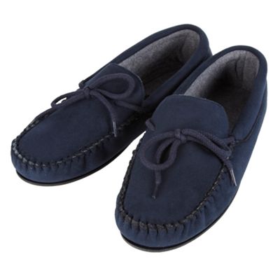 Navy microsuede moccasin slippers