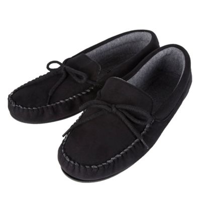 Black microsuede moccasin slippers