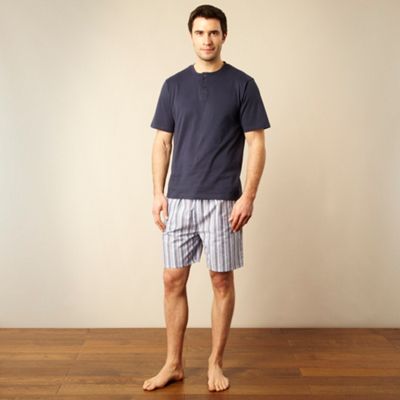 Navy granddad neck t-shirt and striped shorts