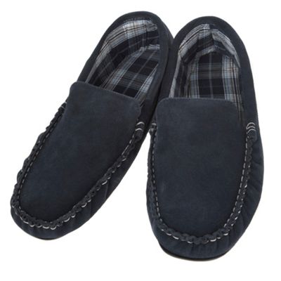 Designer navy suede moccasin slippers