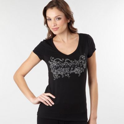 Black embroidery and rhinestone logo t-shirt