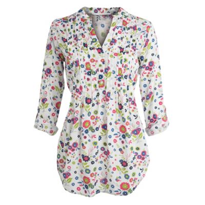 White floral print long line blouse