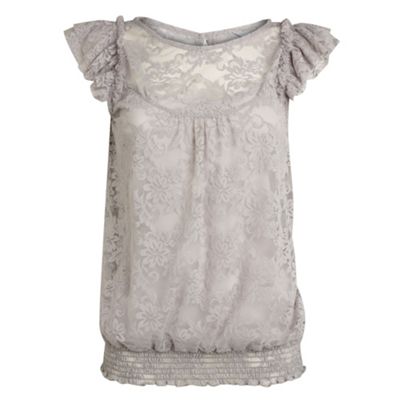 Grey lace and ruffle detail blouse