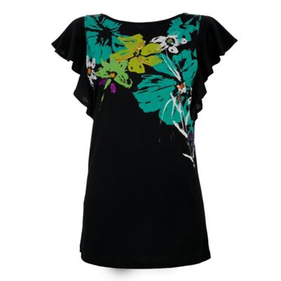 Black floral frill detail t-shirt