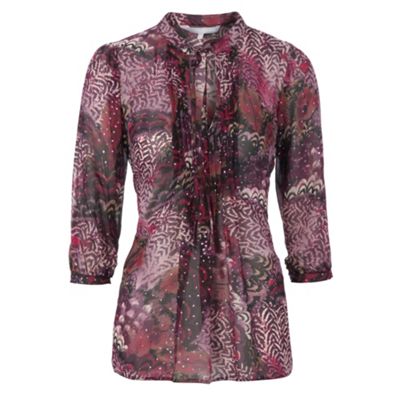 Purple pleated front mixed print blouse