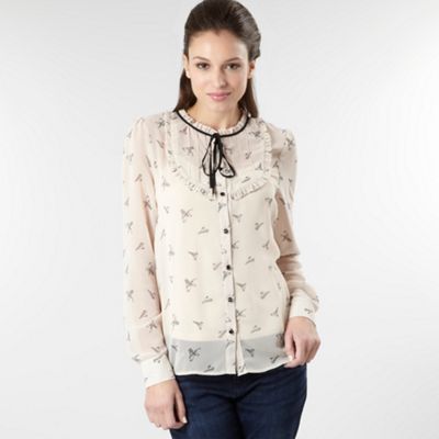 Natural bird print long sleeve blouse