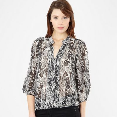 Black butterfly printed pin tuck blouse