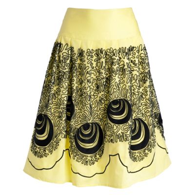 Betty Jackson.Black Yellow embroidered mesh mid length skirt