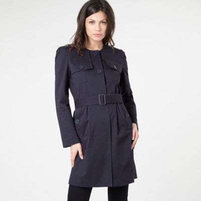 Navy collarless mac coat