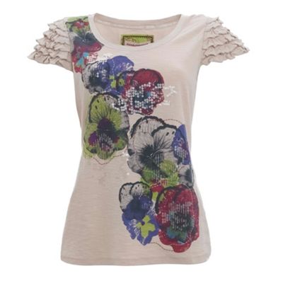 Natural frill shoulder pop art t-shirt