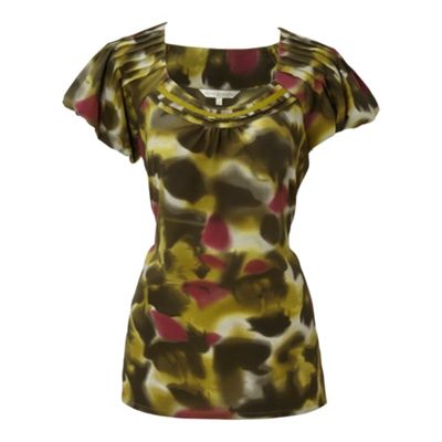 Khaki abstract leaf print top