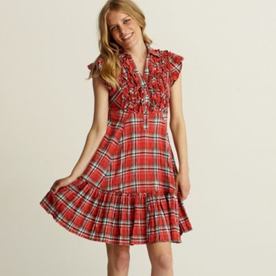 Peach check ruffle detail dress