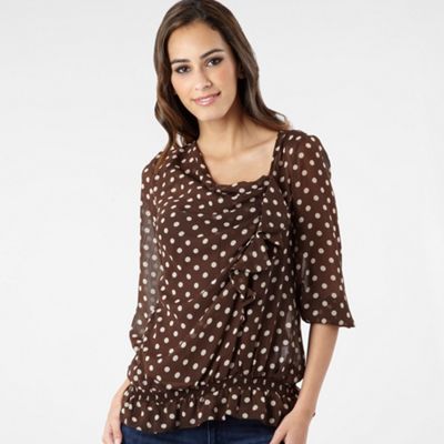 Brown waterfall ruffled polka dot blouse