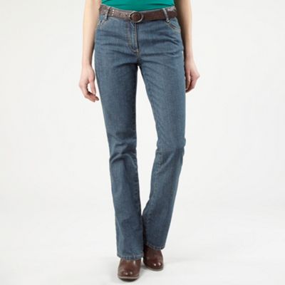 Petite mid blue studded belt bootcut jeans