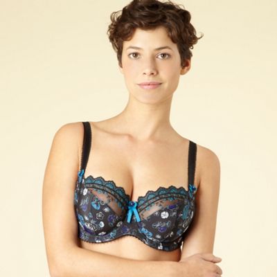 Black floral print and embroidered balcony bra                                                                                  