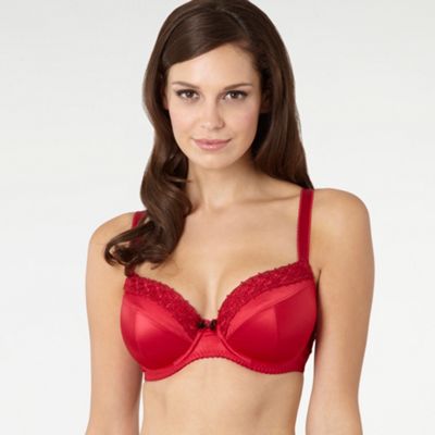 Red lace trim satin balcony bra