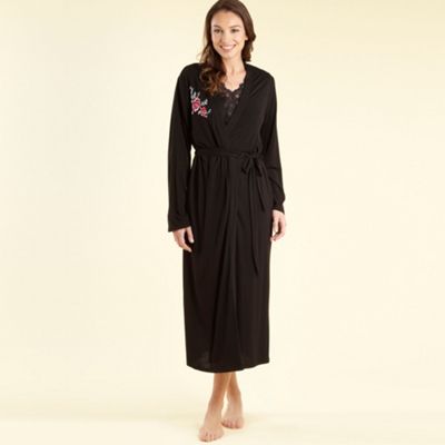 Black embroidered wrap dressing gown