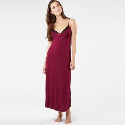Dark Red Lace Trim Jersey Long Nightdress