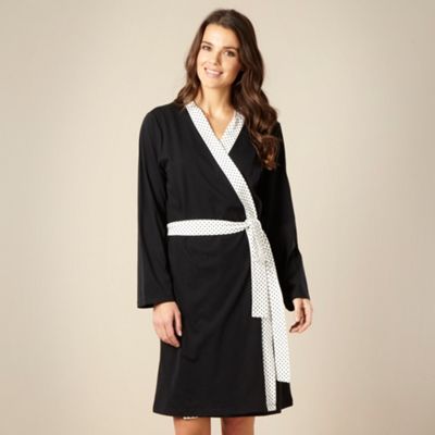 Black polka dot trimmed jersey dressing gown                                                                                    